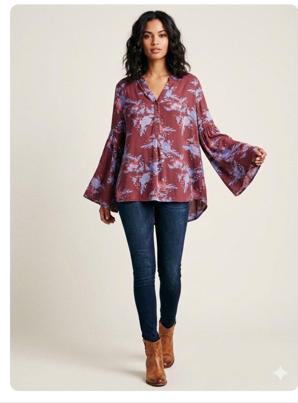 Free People Blouse Oversized Boho Flowy Bell Sleeves Floral Tunic Size XS